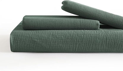 SE SOFTEXLY Muslin Duvet Cover California King Size, 100% Washed Cotton Duvet Cover Set, Ultra Soft Comforter Cover Linen Like, 3 Pieces Gauze Duvet Cover with 2 Pillowcases, 98"x104", Forest Green