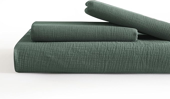 SE SOFTEXLY Muslin Duvet Cover King Size, 100% Washed Cotton Duvet Cover Set, Ultra Soft Comforter Cover Linen Like, 3 Pieces Minimalist Gauze Duvet Cover with 2 Pillowcases, 90"x104", Forest Green