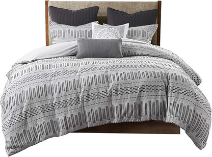 INK+IVY Rhea 100% Cotton Duvet Set Mid Century Modern Boho Design, All Season Comforter Cover Bedding Set, Matching Shams, King/Cal King, Geometric Clipped Jacquard Grey 3 Piece