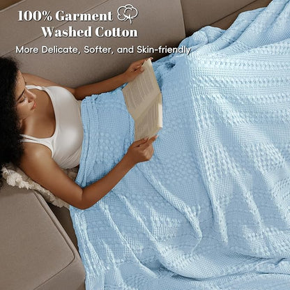 PHF 100% Cotton Waffle Weave Blanket Twin Size for Bed, Soft Lightweight & Breathable for Spring and Summer, All-Season Comfort, Luxury Aesthetic Blanket for Home Decor, 66"x90", Baby Blue