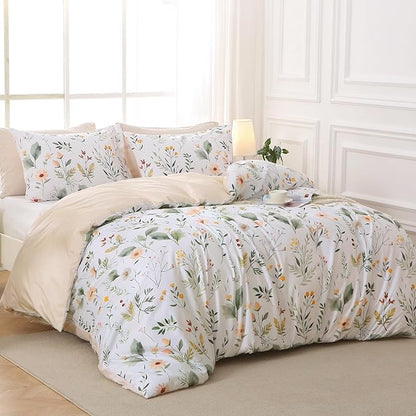 Duvet Cover King Size, Reversible Floral Vintage Duvet Cover Set with Zipper Closure, 3 Pieces Botanical Patterns Soft Microfiber Bedding Set (90"x104", 2 Pillow Cases 20"×36", Garden Leaves White)