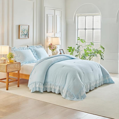 Joyreap Queen Size Comforter Set Blue, 3pcs Lace Ruffled Bedding Comforter Set, Microfiber Vintage Boho Chic Bedding Set for All Season- 88x88 inches