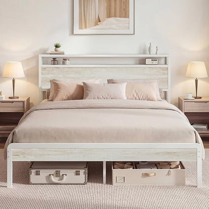 LIKIMIO Queen Bed Frame with Headboard, Wood Camas Queen with Strong Supports, Sturdy, Noise-Free, No Box Spring Needed, White Maple