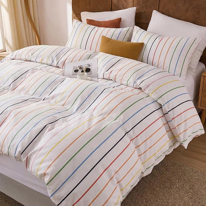 Merryword Rainbow Striped Duvet Cover Set Queen Size, 100% Cotton Bedding Set with Zipper Closure & 8 Corner Ties, Luxury Linen Like Bedding, Soft Breathable Comforter Cover for All Seasons
