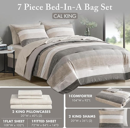 Madison Park Essentials King Comforter Set, Bed in A Bag Comforter & Sheet Set, Modern Casual Stripes Print, All Seasons, Soft Microfiber Bedding Makeover, Matching Shams, Cal King Taupe/Grey 7 Piece