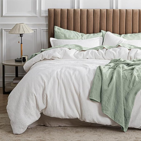 Bedsure Waffle Comforter Set California King, White Soft Bedding, Waffle Weave Bed Set, 3 Pieces, 1 Comforter (104"x96") and 2 Pillow Shams, Cotton Shell and Polyester Lining for All Seasons