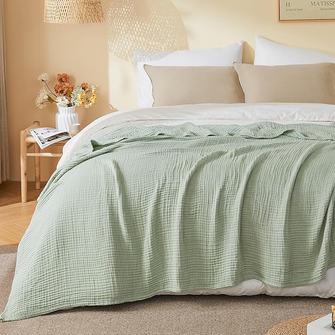 EMME Cotton Muslin Twin XL Blanket Breathable Gauze Soft Lightweight Blankets Adults Gifts for Women (Heather Sage Green, 66"x90")