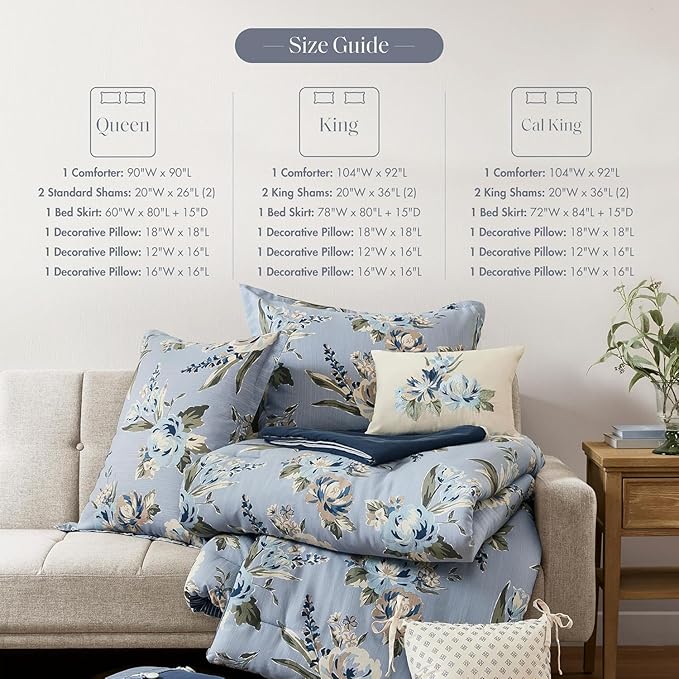 Madison Park Queen Comforter Set Vintage Floral Reversible Comforters Queen Size Bed, All Season, Down Alternative Bedding Queen Size Comforter, Bedskirt, Pillows, Shams, Salara, Queen Blue 7 Piece