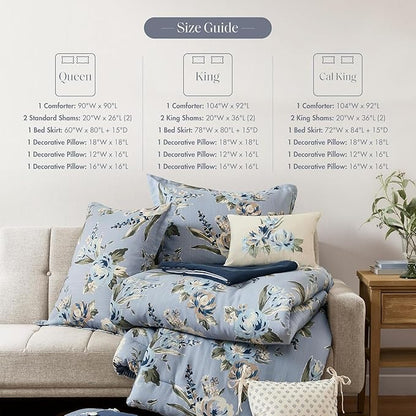Madison Park Queen Comforter Set Vintage Floral Reversible Comforters Queen Size Bed, All Season, Down Alternative Bedding Queen Size Comforter, Bedskirt, Pillows, Shams, Salara, Queen Blue 7 Piece