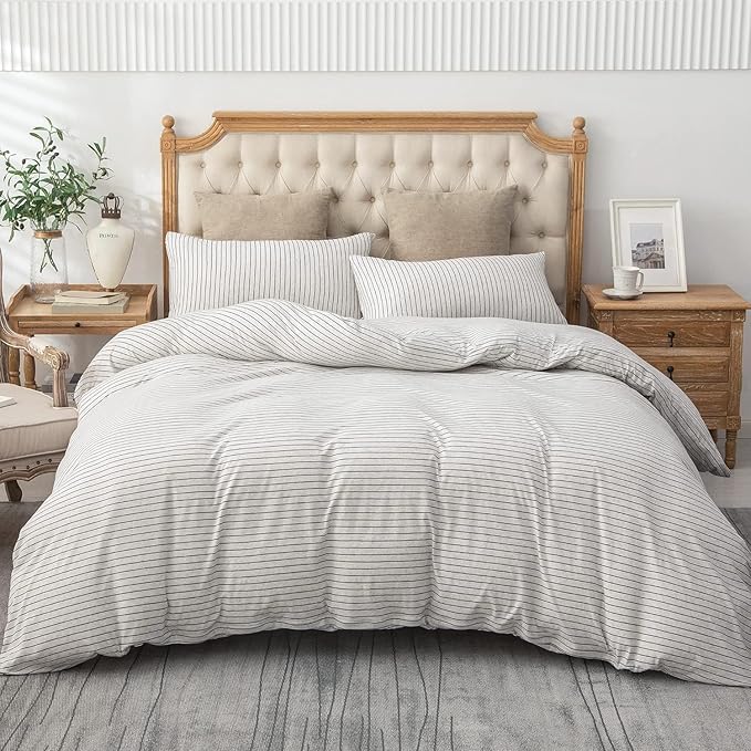 PURE ERA Jersey Knit Duvet Cover Set 100% T-Shirt Heather Cotton Super Soft Comfy Classic Striped Design, with Zipper Closure, Heather White & Black Pinstripe, Full