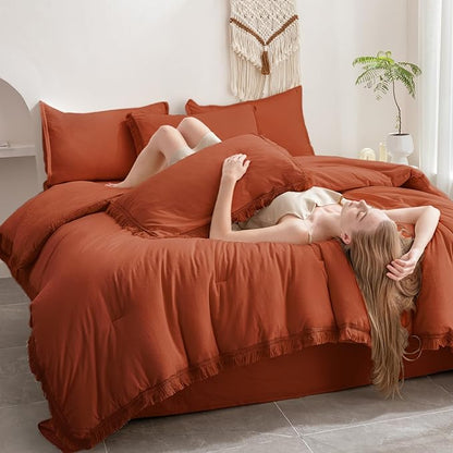 Andency King Size Comforter Set with Sheets Burnt Orange - 7 Pieces Bed in a Bag Boho Soft Lightweight Bedding Sets, Terracotta Rust Tassel Bed Set with Comforter, Sheets, Pillowcases & Shams
