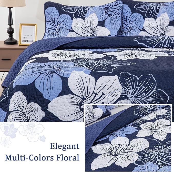 DJY 3 Pieces Quilt Set King Navy Blue Floral Pattern Quilt Coverlet Set Gorgeous Boho Bedspread with 2 Pillow Cases Cozy Microfiber Botanical Bedding Quilt Set for Teens Adults 104"x 90"