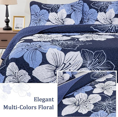 DJY 3 Pieces Quilt Set King Navy Blue Floral Pattern Quilt Coverlet Set Gorgeous Boho Bedspread with 2 Pillow Cases Cozy Microfiber Botanical Bedding Quilt Set for Teens Adults 104"x 90"