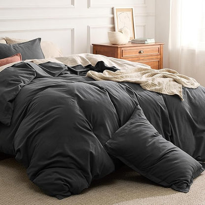 Bedsure 100% Washed Cotton Duvet Cover King - Charcoal Minimalist Bedding Set Linen Like - PureWoven Plain Simple & Soft Comforter Cover for All Seasons (Charcoal, King, 104"x90")