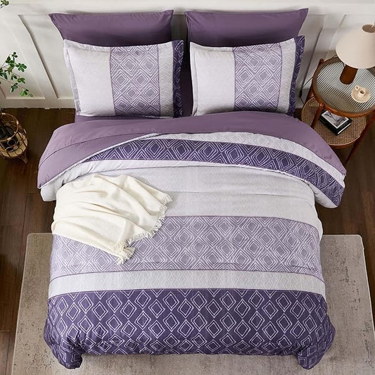 Dinjoy Purple King Size Comforter Set,Striped Boho Bed in a Bag King 7 Pieces Soft Microfiber Warm Fall Bedding Comforters Sets Modern Complete Bed Set for Women All Season