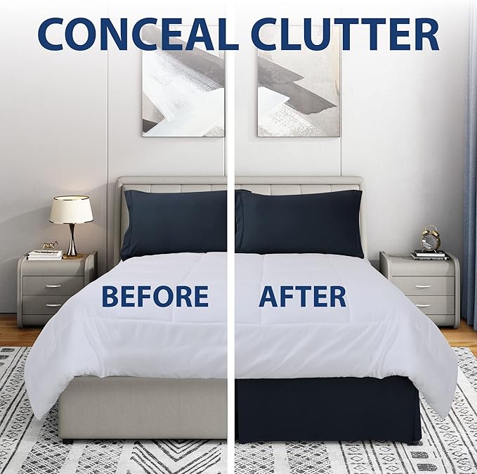 Cathay Home Double Brushed Microfiber Pleated Easy Fit Bed Skirt, Ultra Soft, Fade and Wrinkle Resistant - Navy, King