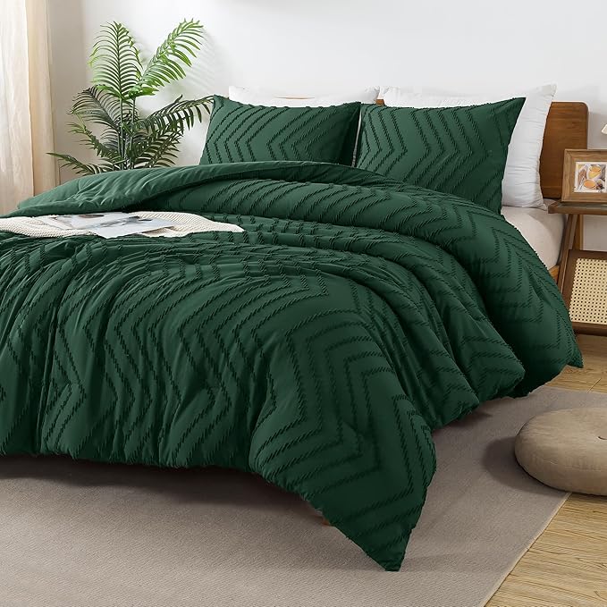 Andency Emerald Green Comforter Set Full Size, Boho Dark Green Soft Warm Bedding Comforter Sets for Full Bed, 3 Pieces Forest Green Vintage Chevron Tufted Aesthetic Comforter Set