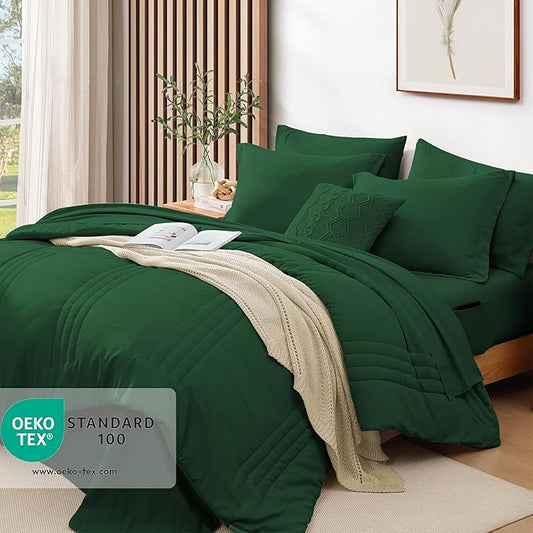 Monbix Queen Comforter Set - 7 Pieces Emerald Green Bed in a Bag Queen Bedding Sets with Comforters, All Seasons Comforter Bed Set with Sheets, Pillowcases & Shams