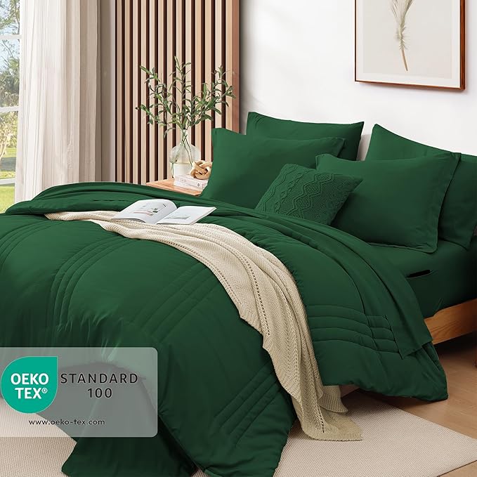 Monbix King Size Comforter Set - 7 Pieces Bed in a Bag King, Emerald Green Bedding Sets with Comforter, All Seasons Comforter Bed Set with Sheets, Pillowcases & Shams