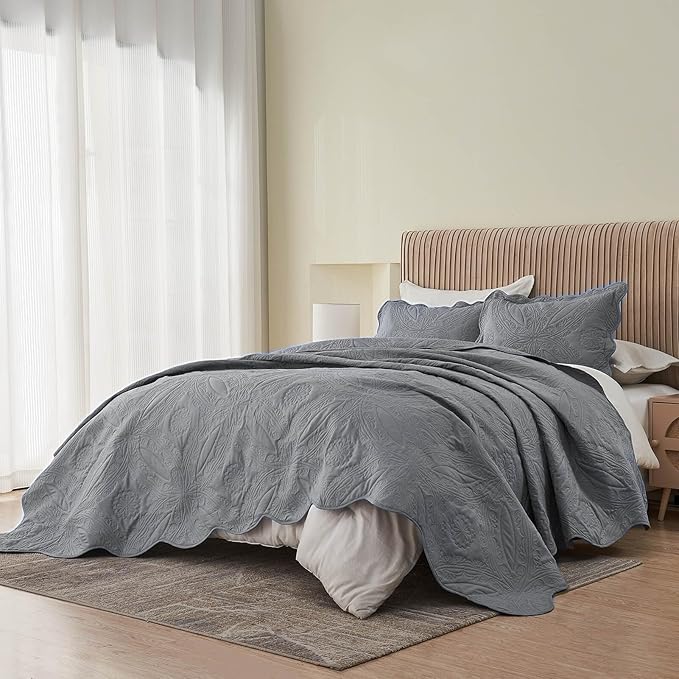 Kingnex Exta Wide Oversized King Bedspreads 128x120 for Tall King or Cal King Bed Ultrasonic Quilted Coverlet Set 3 Piece Include 1 Quilt 2 Pillowcases Grey