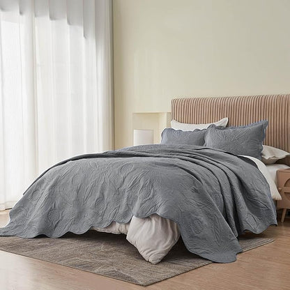 Kingnex Exta Wide Oversized King Bedspreads 128x120 for Tall King or Cal King Bed Ultrasonic Quilted Coverlet Set 3 Piece Include 1 Quilt 2 Pillowcases Grey