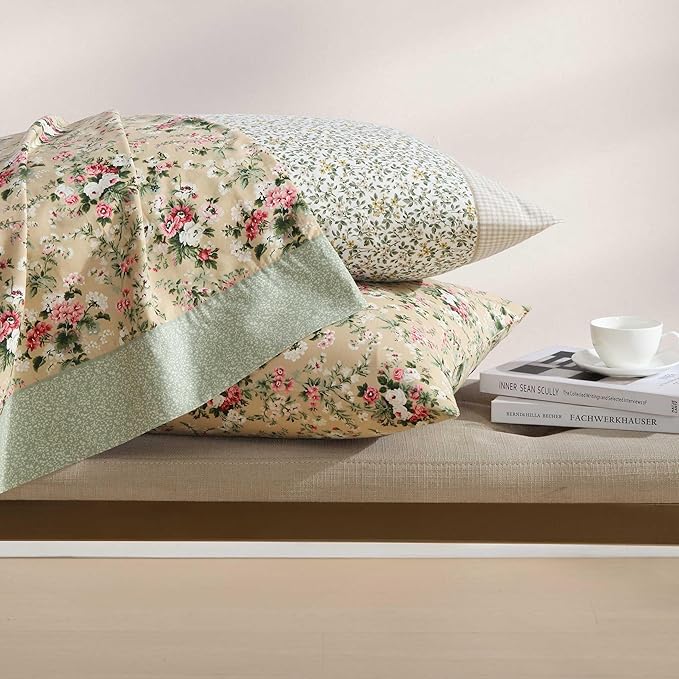Laura Ashley - Twin Sheet Set, Breathable Percale Cotton Bedding with Deep Pockets, Chic Home Decor, Oeko-Tex Certified (Tierney Green, Twin)