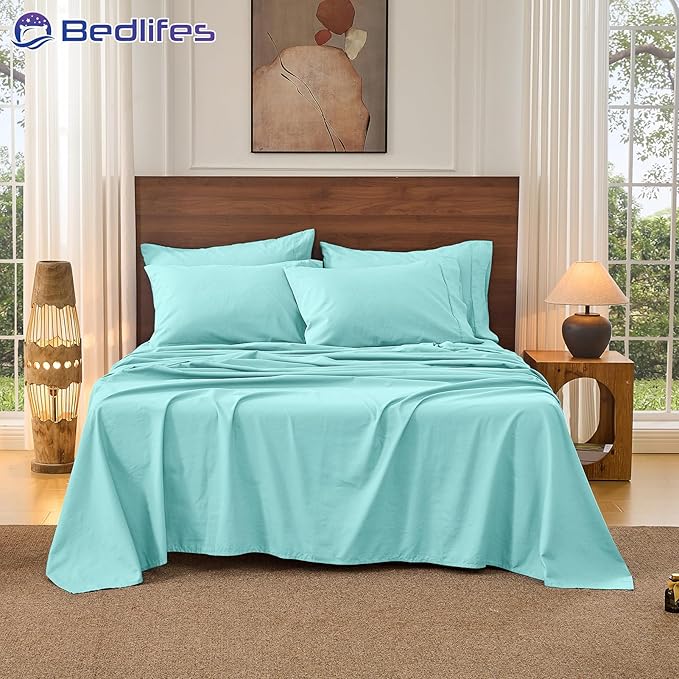 Bedlifes 100% French Pure Linen Sheets Queen Size Breathable and Cooling Flax Sheet Set Soft Durable and Moisture Wicking 16 Inch Deep Pocket-4 Piece(Queen,Teal)