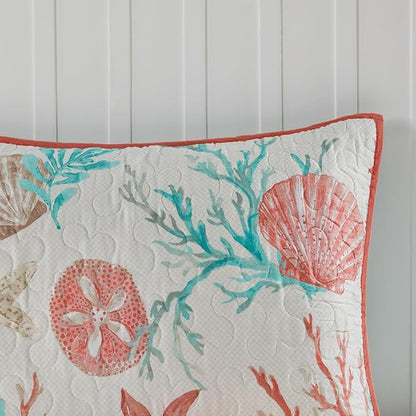 Madison Park Quilt Set Cottage Coastal Design, Starfish Print - All Season, Coverlet Bedspread Lightweight Bedding Layer, Shams, Toss Pillows, King/Cal King(104"x94"), Pebble Beach Coral 6 Piece