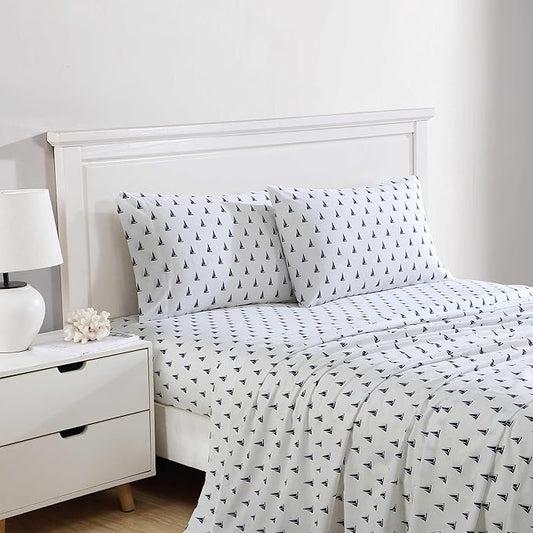 Nautica - Sheets, Cotton Percale Bedding Set with Matching Pillowcases, Crisp & Cool, Deep Pocket (Windtale Boat Navy, King)