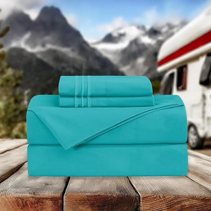 Elegant Comfort Luxurious 1500 Premium Hotel Quality Microfiber Three Line Embroidered Softest 4-Piece Bed Sheet Set, Wrinkle and Fade Resistant, RV Short Queen, Turquoise