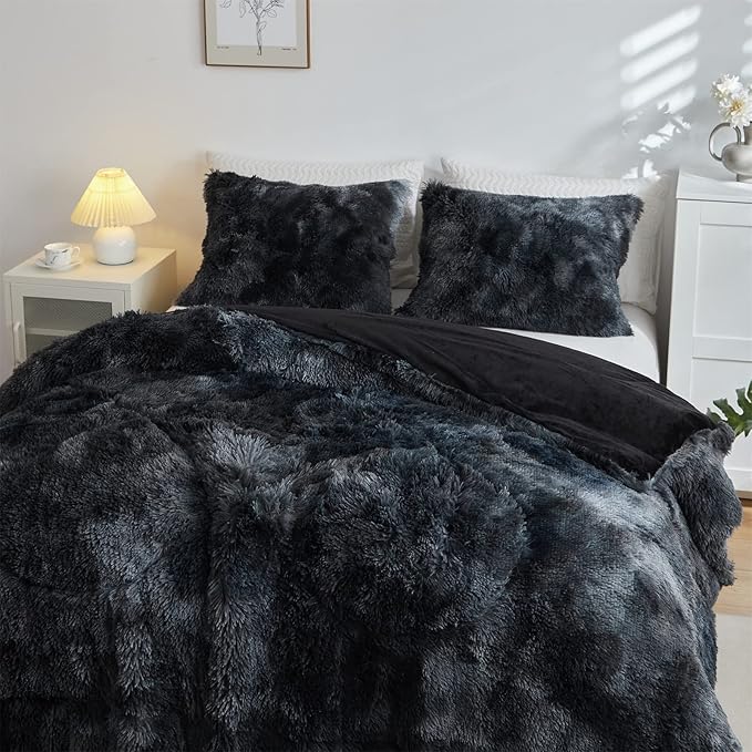 Wajade Faux Fur Plush Black Comforter Set Fluffy Fuzzy Shaggy Bedding Set - 3PC Full/Queen Microfiber Soft Warm Quilt Set