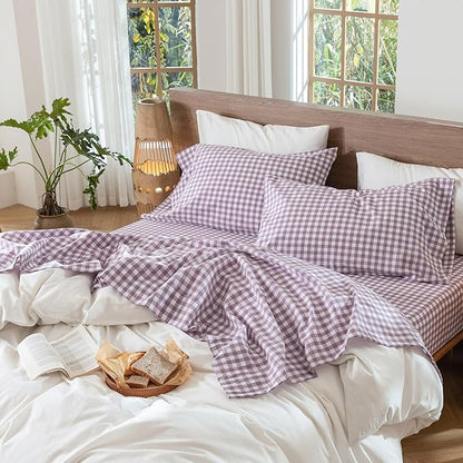MooMee Gingham Sheet Set 100% Washed Cotton Linen Like Textured Breathable Soft w/Fully Elasticized 16-19" Deep Pocket (Classic Gingham Light Purple, Queen)