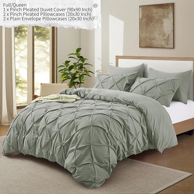 VACVELT 5 Piece Pinch Pleated Duvet Cover Full/Queen Size Set, Light Gray Pintuck Duvet Cover with Zipper & 8 Ties, Shabby Chic Microfiber + 2 Pillow Shams + 2 Pillowcases, No Comforter