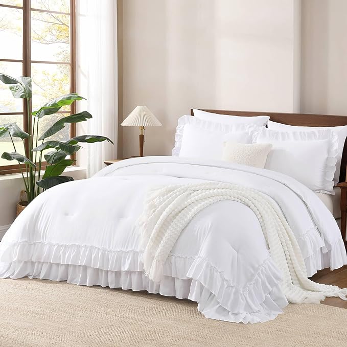 Andency Super King Plus Ruffle Comforter Set 128x120, 3 Pieces Farmhouse Shabby Chic Bedding Set, Soft Lightweight Oversized California King Comforter Set (1 Comforter 2 Pillowcases), White