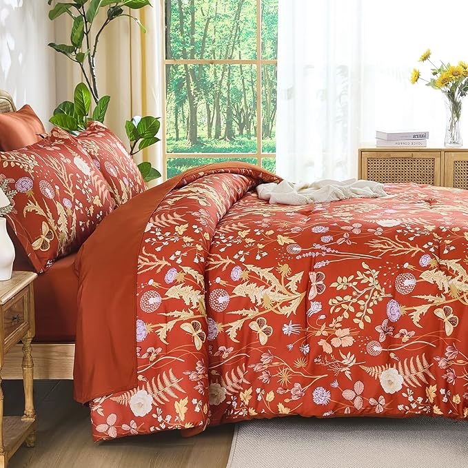 Yiran Queen Comforter Set 7 Piece,Burnt Orange Floral Bedding Set, Bed in a Bag Queen Size with Botanical Flowers Spring, Soft Lightweight Terracotta Comforters with Sheets Complete for All Season