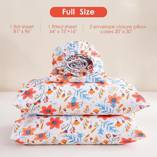 JSD Floral Printed Sheet Set Full Size, 4 Piece Spring Pattern Microfiber Bed Sheets Deep Pocket, Oeko-TEX Certified