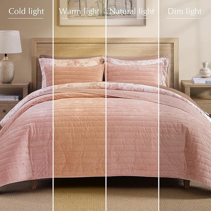 WRENSONGE Velvet Queen Quilt Set-3 Pieces Clay Pink Luxurious Velvet Striped Channel Comforter with 2 Shams, Soft Bedspread Coverlet Quilted Bedding Set for All Season
