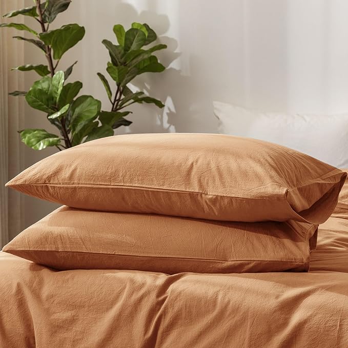 MooMee Bedding Pillowcases Pack of 2 100% Washed Cotton Linen Like Textured Breathable Durable Soft Comfy (Solid Dark Orange, Standard)