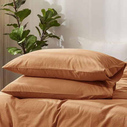 MooMee Bedding Pillowcases Pack of 2 100% Washed Cotton Linen Like Textured Breathable Durable Soft Comfy (Solid Dark Orange, Standard)