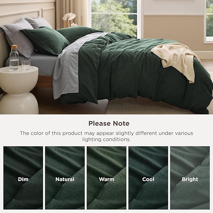 Bedsure 100% Washed Cotton Duvet Cover King Size - Forest Green Minimalist Bedding Set Linen Like - PureWoven Plain Simple & Soft Comforter Cover for All Seasons (Forest Green, King, 104"x90")