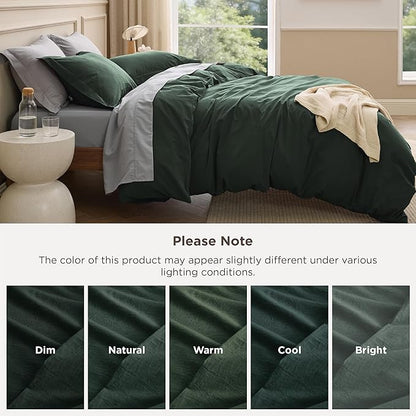 Bedsure 100% Washed Cotton Duvet Cover Queen Size - Forest Green Minimalist Bedding Set Linen Like - PureWoven Plain Simple & Soft Comforter Cover for All Seasons (Forest Green, Queen, 90"x90")