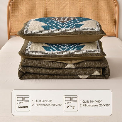 Dintszyayue Boho Quilt Set King Size, Brown Aztec Texture Bedspread Set, 3 Pieces Texture Southwestern Bedding Set, Soft Lightweight Coverlet Set for All Season Bedding with 2 Pillowcases
