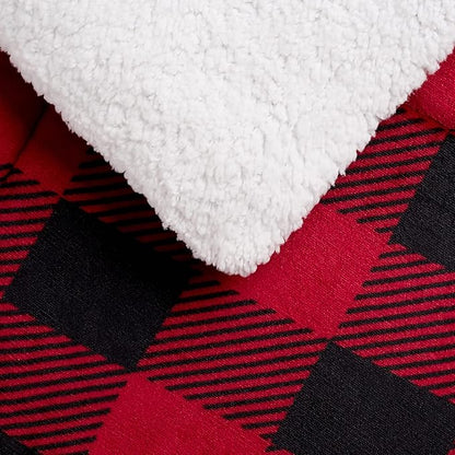 Basics 3-Piece Ultra-Soft Micromink Sherpa Bedding Set, Warm All Season Comforter, Full/Queen, Red Buffalo Plaid