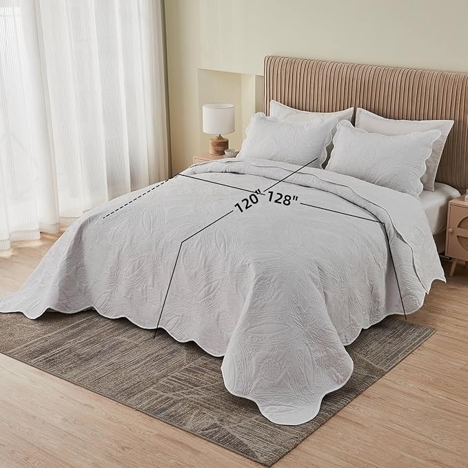 Kingnex Extra Wide Oversized King Bedspreads 128x120 for Tall King or Cal King Bed Ultrasonic Quilted Coverlet Set 3 Piece Include 1 Quilt 2 Pillowcases White