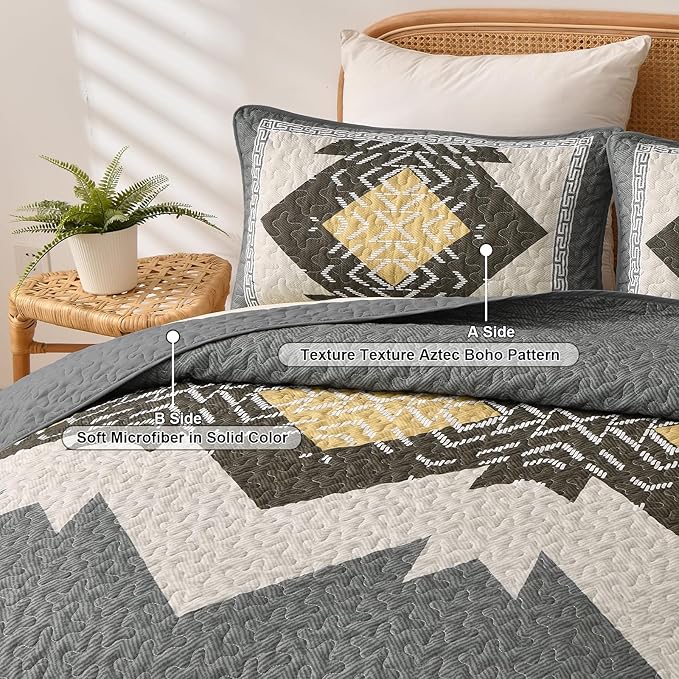 Dintszyayue Boho Quilt Set King Size, Grey Aztec Texture Bedspread Set, 3 Pieces Texture Southwestern Gray Bedding Set, Soft Lightweight Coverlet Set for All Season Bedding with 2 Pillowcases