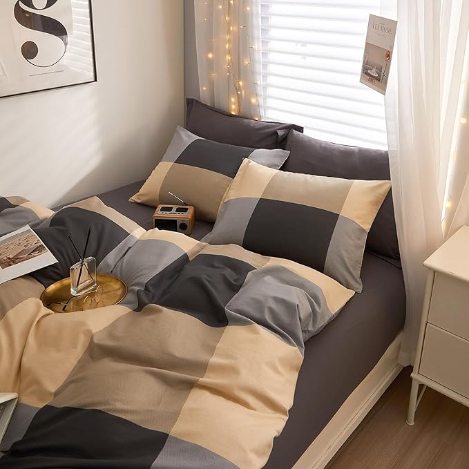 EAVD Vintage Style Brown&Black Buffalo Plaid Comforter Set Queen Boy Men Fluffy Retro Checkered Plaid Bedding Comforter with 2 Pillowcases Farmhouse Geometric Bedding Set for All-Season