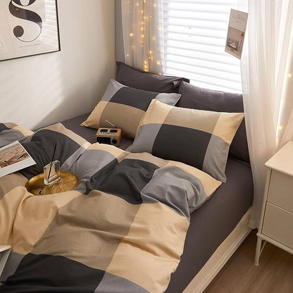 EAVD Twin XL Comforter Set Boys Beige Khaki Black Grid Plaid Comforter Set Soft Microfiber Modern Checkered Bedding Set with 2 Pillowcases Reversible Geometric Comforter Set for All-Season