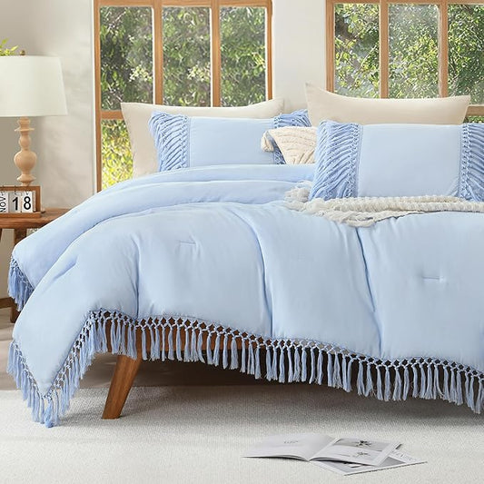 Andency Comforter King Size Set Light Blue, 3 Pieces Boho Tassel Lightweight Fluffy Bedding Comforters & Sets, Soft All Season Bed Set (104x90In Comforter & 2 Pillowcases)