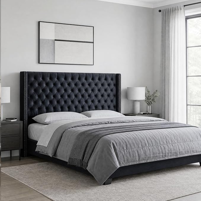 Madison Park King Wingback Upholstered Tufted Headboard, Featuring High-Density Sponge Padding, Adjustable Height Headboard, Easy Assembly, Black Velvet