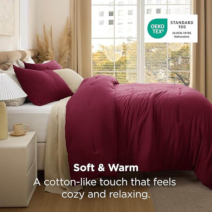 Bedsure California King Comforter Set, Dark Red Soft Prewashed Bedding for All Seasons, 3 Pieces GentleSoft™ Bed Set, 1 Lightweight Comforter (104"x96") and 2 Pillowcases (20"x36")